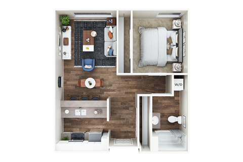 A top-down view of a small apartment with a bedroom, living room, and kitchen area.
